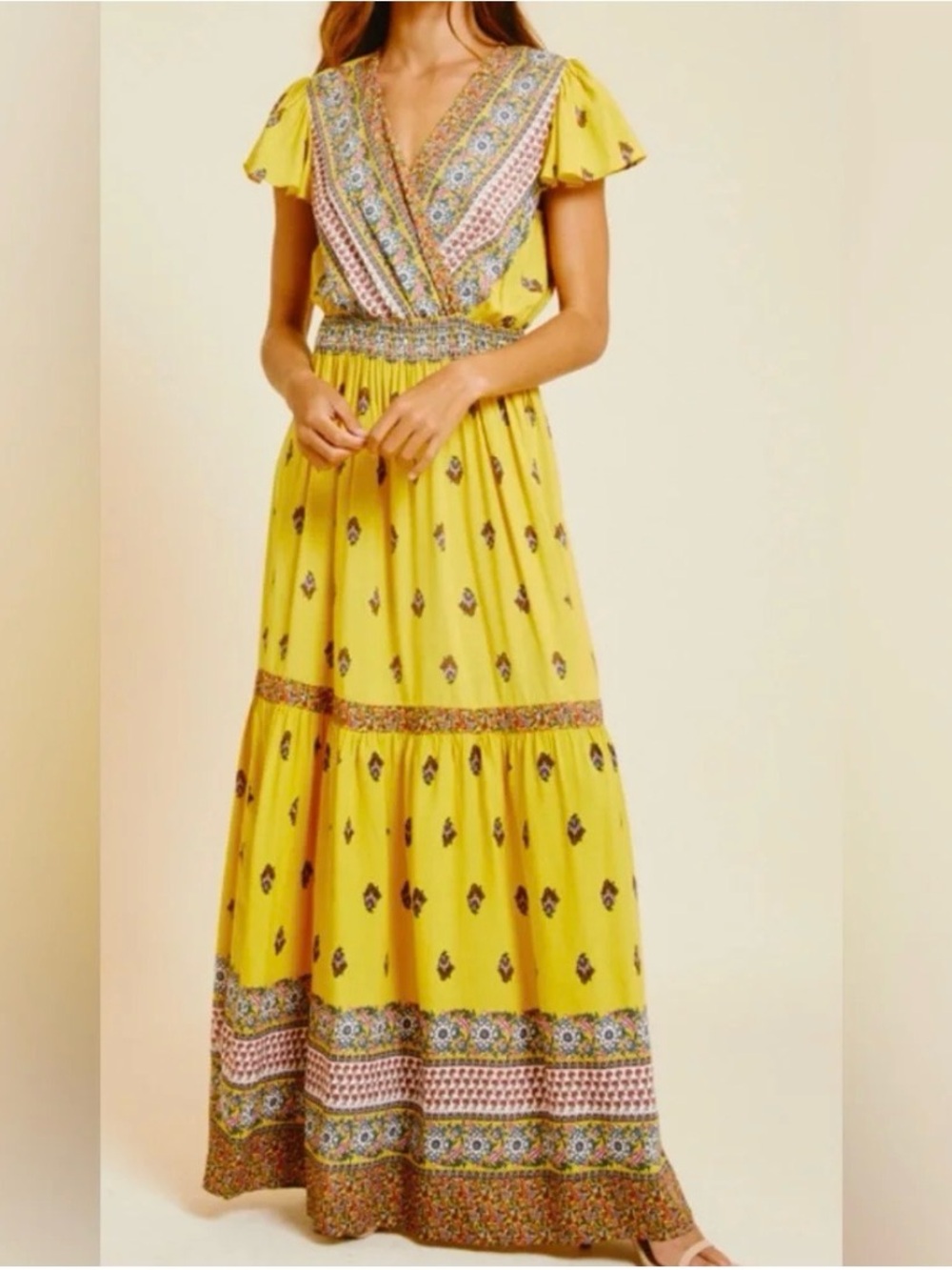 Ces Femme Yellow Bohemian Hippie Lightweight Flutter Sleeve Maxi Dress